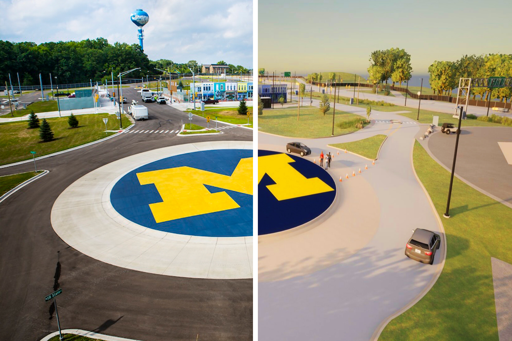 Side-by-side comparison of Mcity's test track and digital twin.