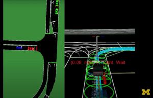 A screenshot of a simulated driving environment developed at Mcity
